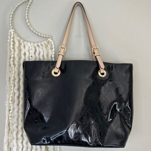 Michael Kors Jet Set Black Patent Leather Tote Bag MK Shiny